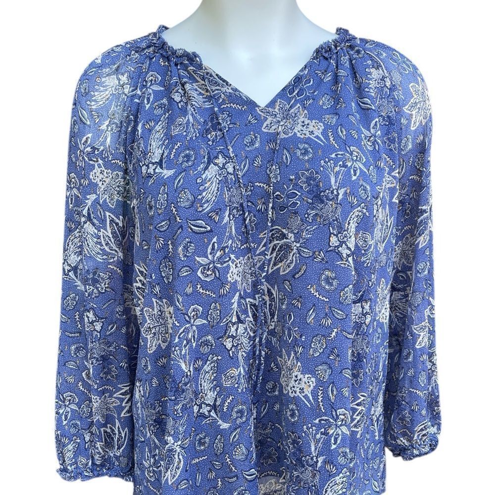 Lane Bryant Blue and White Floral Blouse gold glitter sheer Elastic bell sleeve
